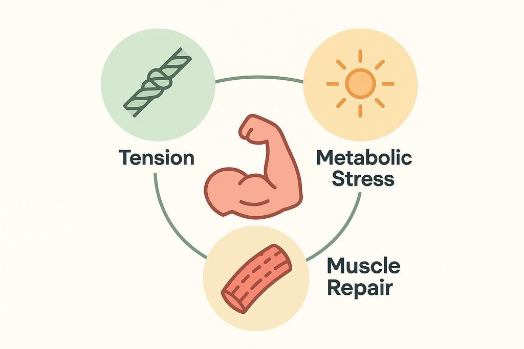 A diagram illustrating the three mechanisms of muscle adaptation: tension, represented by a knotted rope; metabolic stress, depicted by a sun icon; and muscle repair, shown as a muscle fiber. A biceps muscle is at the center.