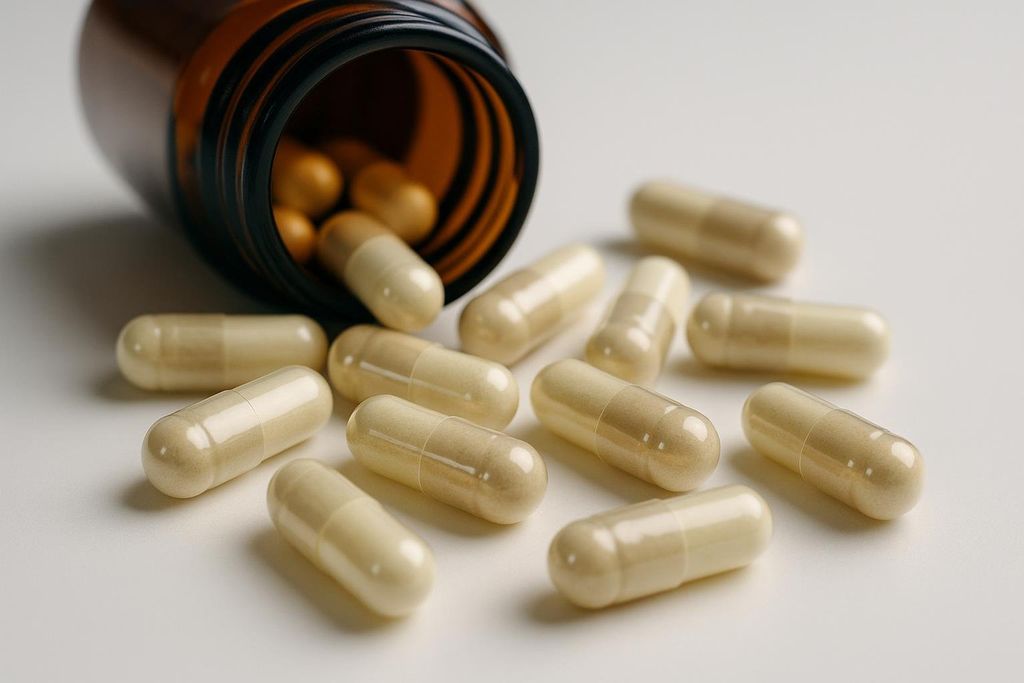 Close-up of numerous light-colored vitamin capsules scattered on a white surface, with a dark amber bottle overturned in the background.