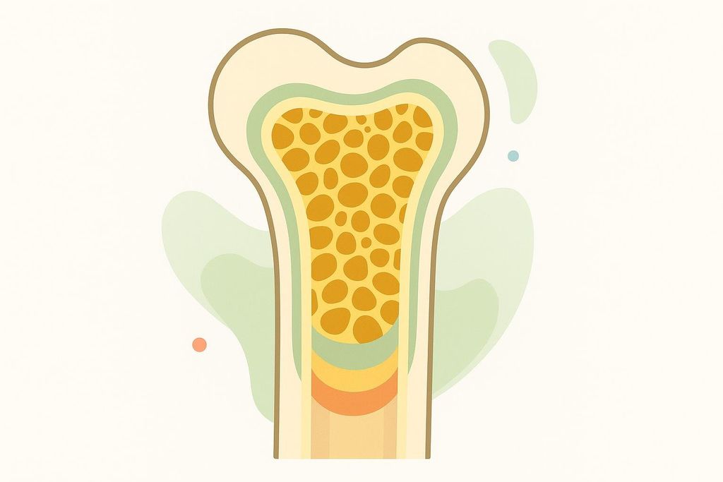 An illustration depicting a healthy human bone in cross-section. The outer layer is shown as cortical bone, and the inner part reveals a dense, healthy honeycomb structure of spongy bone (trabecular bone) in yellow, with bone marrow further inside.