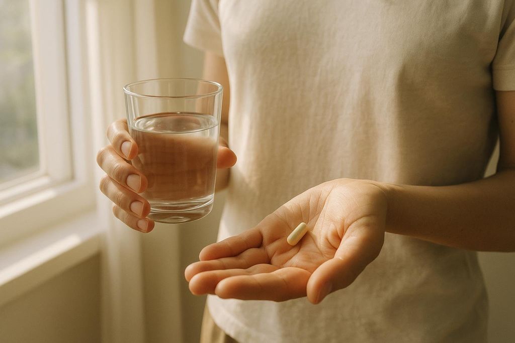 Person holding a single pill and a glass of water in morning light.