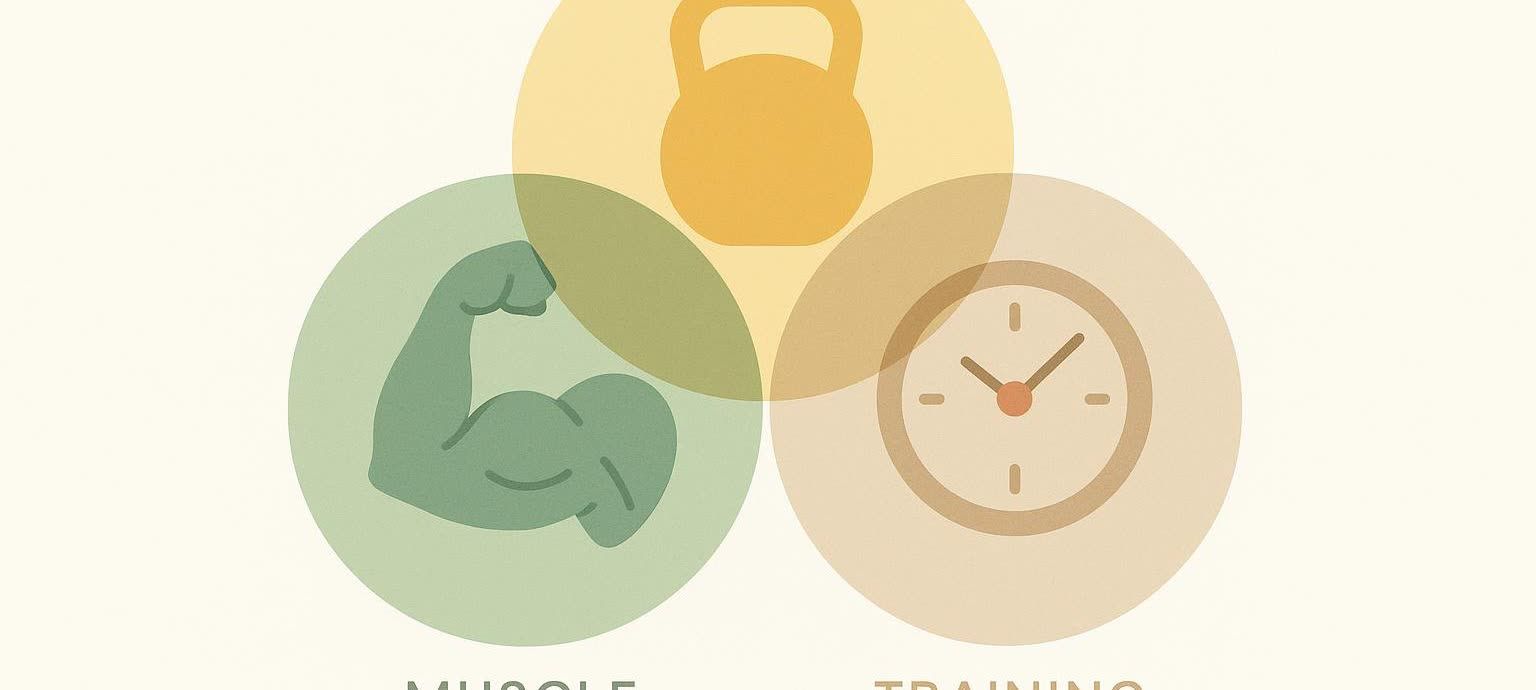 An abstract illustration with three overlapping circles. The top yellow circle contains a kettlebell, representing training. The bottom left green circle contains a flexing arm, representing muscle. The bottom right beige circle contains a clock face, representing time/recovery. The text 'MUSCLE' and 'TRAINING' are partially visible below the circles.