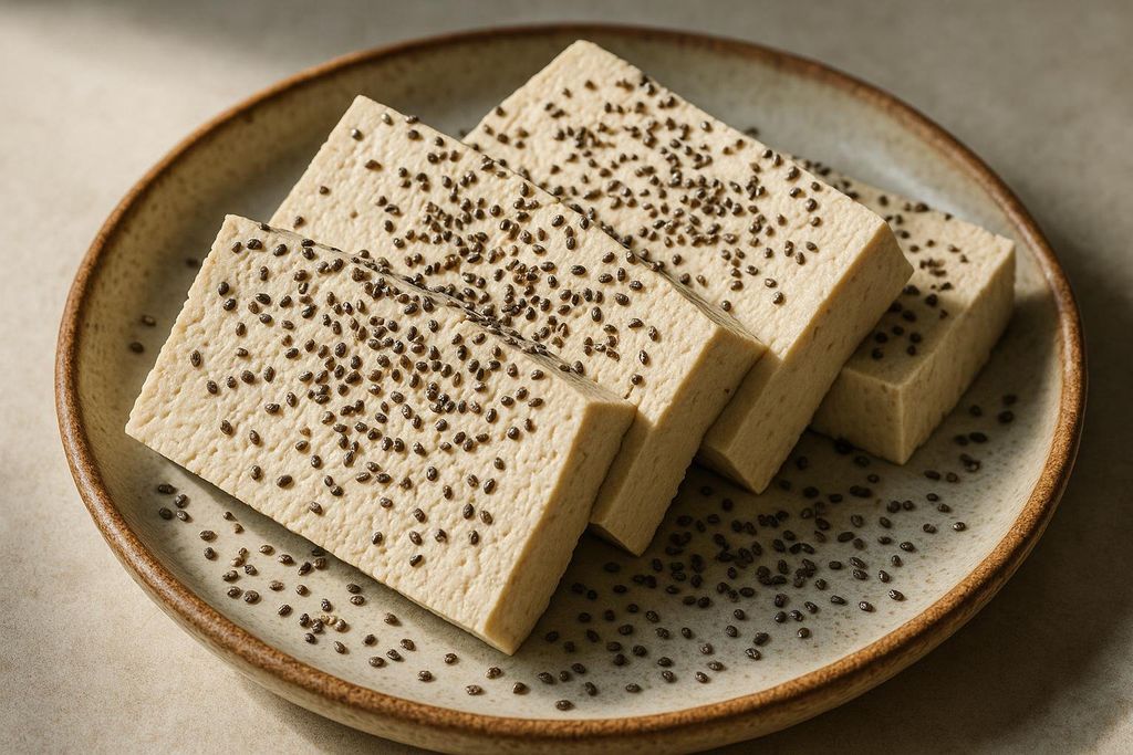 Close-up of four rectangular slices of firm tofu, light beige in color, arranged in a row on a ceramic plate. Each tofu slice is generously sprinkled with black chia seeds, and some loose chia seeds are scattered on the plate around the tofu.