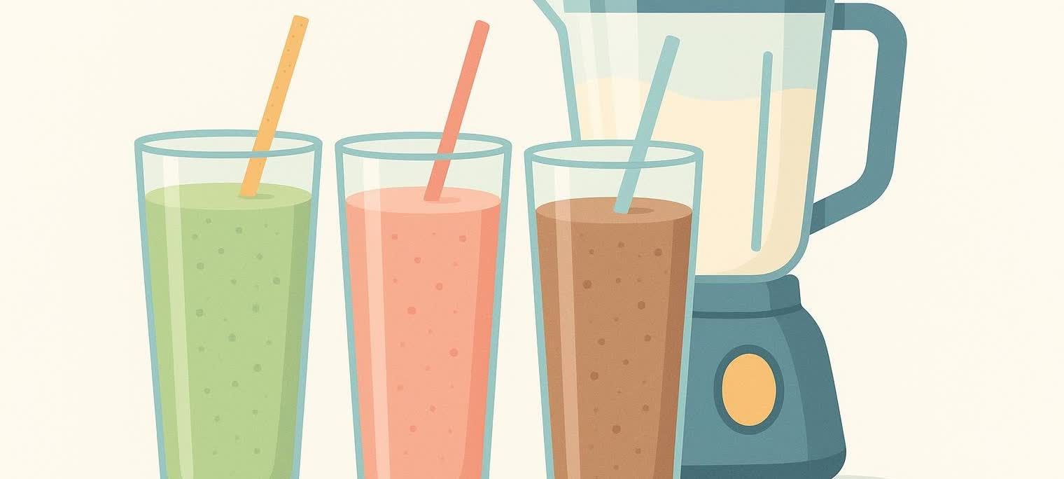 Illustration of three colorful smoothies in glasses, with a green, pink, and brown smoothie, next to a blender. Each glass has a straw.