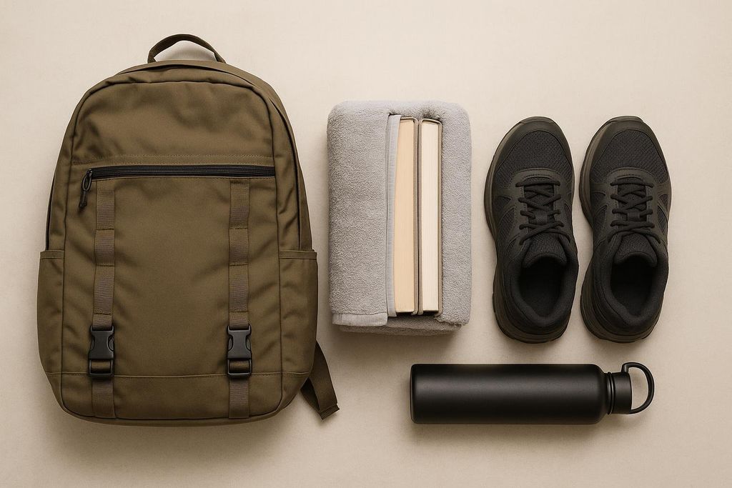 Flat lay of essential rucking gear: an olive green backpack, books wrapped in a gray towel for weight, a pair of black running shoes, and a black water bottle.