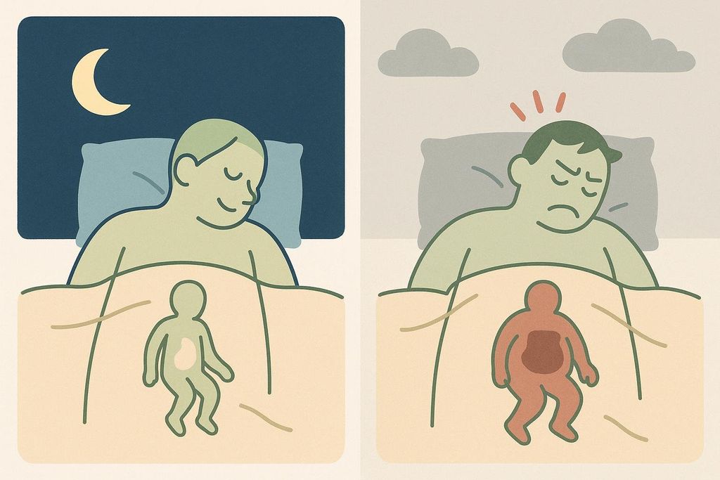 Split illustration showing peaceful sleep linked to low visceral fat versus restless sleep linked to increased visceral fat.