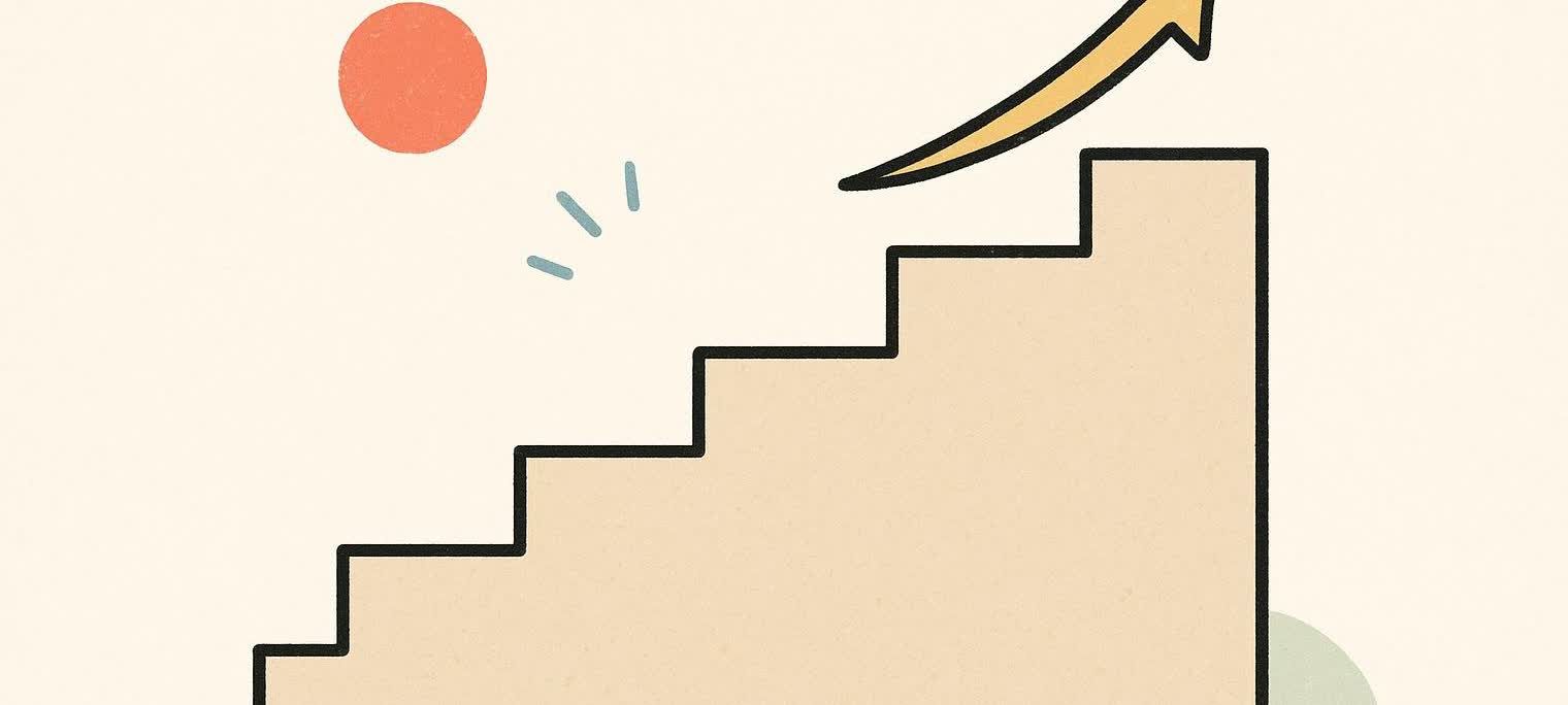 An illustration depicting a five-step staircase with an ascending arrow above it, and a red circle and blue dashes floating in the space. This symbolizes a step-by-step dose escalation schedule, such as for Wegovy.