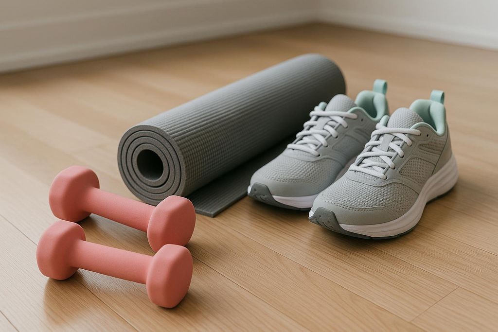 A grey rolled-up yoga mat, a pair of light grey athletic shoes, and two small pink dumbbells are arranged on a light brown hardwood floor, suggesting a home workout setup.