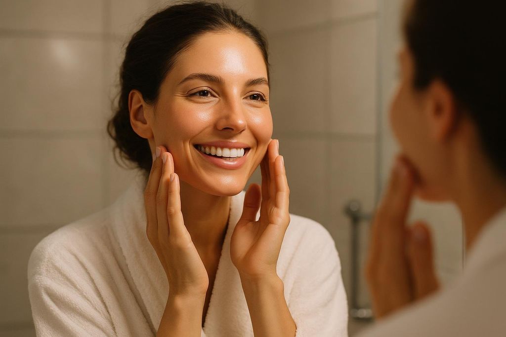 A smiling woman with clear, glowing skin looks at her reflection in a mirror, gently touching her cheeks with both hands. She is wearing a white bathrobe.