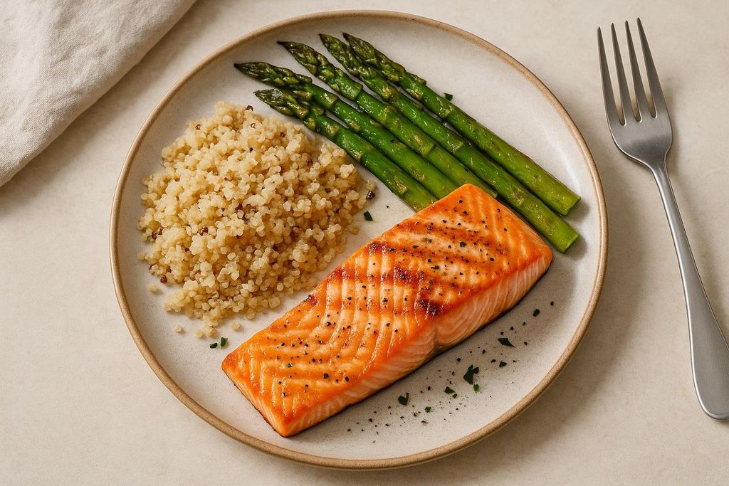 A healthy meal with a grilled salmon fillet seasoned with black pepper, a serving of quinoa, and a side of green asparagus spears, all on a light-colored plate.