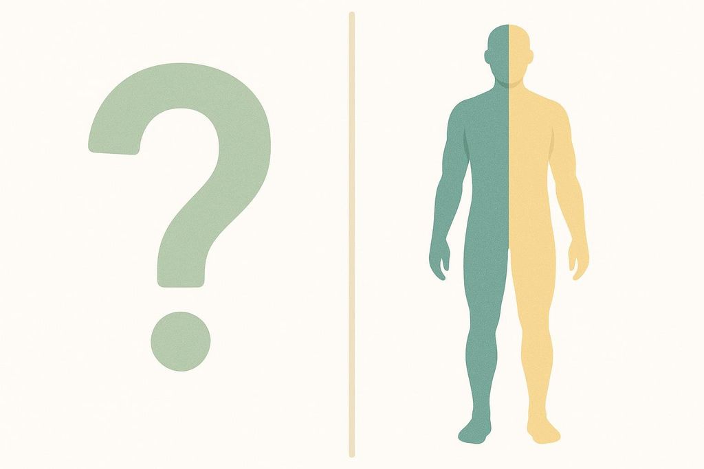 An illustration features a large question mark on the left and a stylized human figure on the right. The human figure is bisected vertically, with one half colored blue-green, representing muscle, and the other half colored yellow, representing fat. A vertical line separates the question mark and the human figure. The image emphasizes the importance of tracking body composition rather than just overall weight, as two individuals can have the same weight but different body compositions.