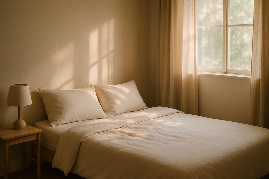 Peaceful bedroom scene with soft sunlight streaming through the window and highlighting a made bed with two pillows and a side table with a lamp.