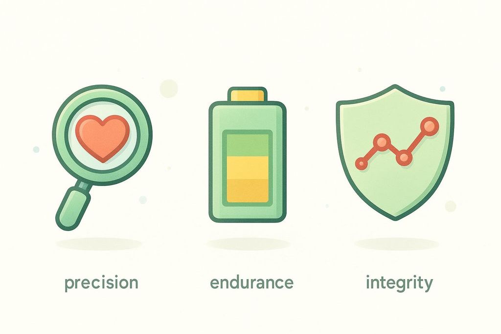 Three icons representing key qualities: a magnifying glass with a heart for precision, a battery for endurance, and a shield with a rising line graph for integrity, each with its corresponding word typed below it.
