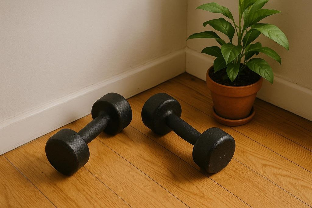 Two black dumbbells rest on a wooden floor in the corner of a room, next to a potted green plant. This setup suggests a minimal home gym.