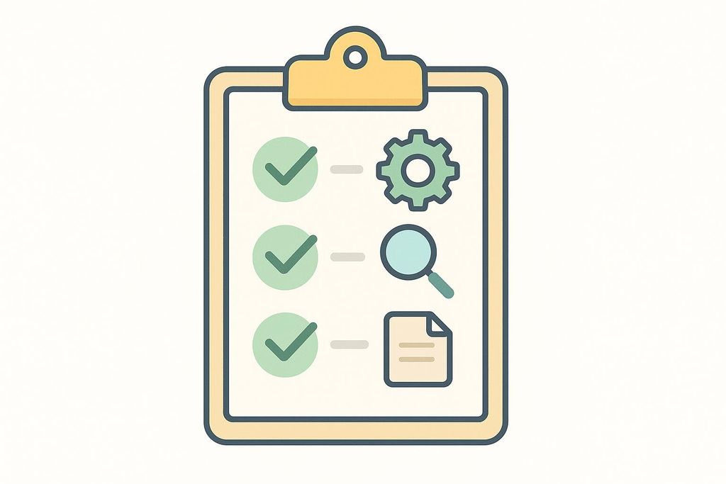 An illustration of a checklist on a clipboard with three completed tasks indicated by green checkmarks. Beside each checkmark is a descriptive icon: a gear representing settings or process, a magnifying glass for search or inspection, and a document icon for files or records.