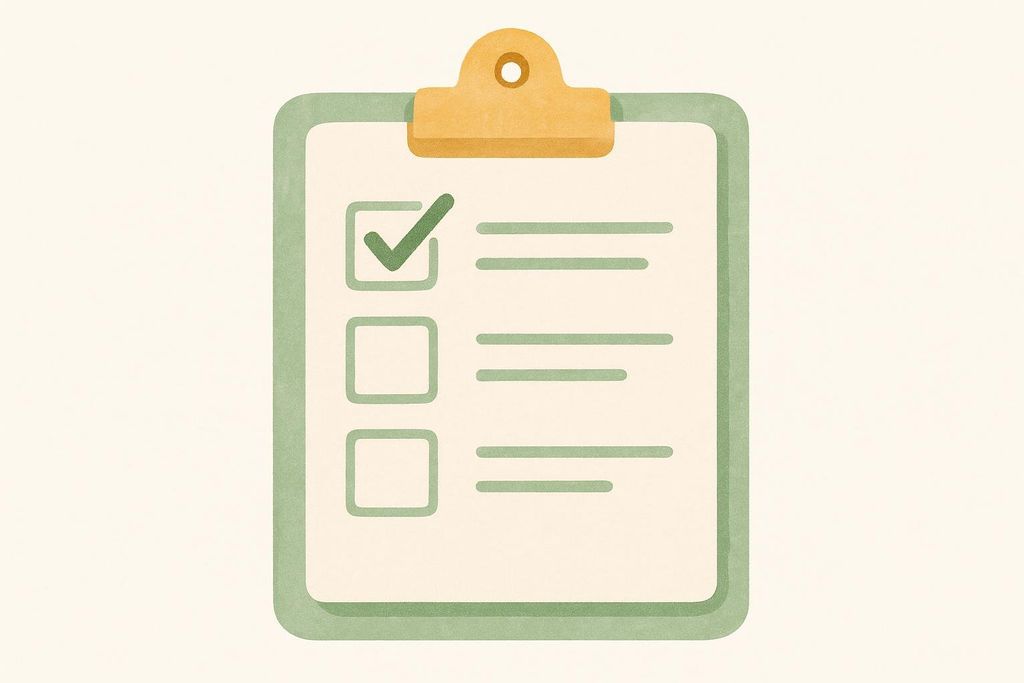 A stylized illustration of a green clipboard with a piece of paper. The paper has three checkboxes, with the top one marked with a green checkmark, and three horizontal lines next to each checkbox.