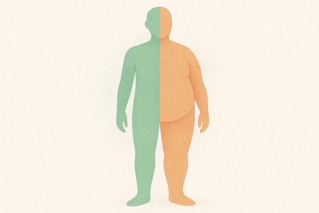 An abstract illustration of a human silhouette split down the middle. One half is green and depicts a lean body, while the other half is orange and depicts an obese body, representing body composition and weight difference.