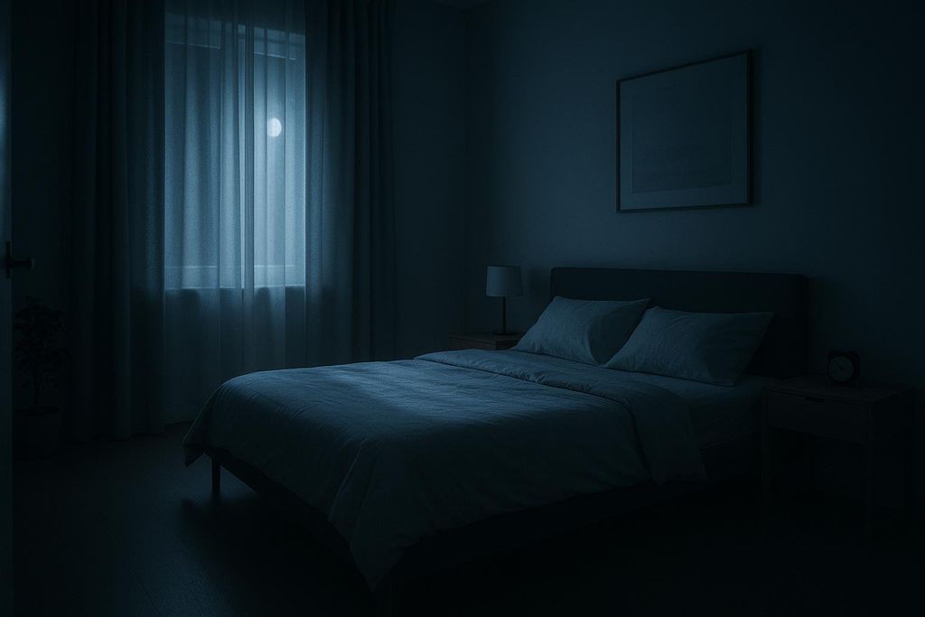 A calm, dark bedroom with deep blue tones, illuminated by moonlight filtering through sheer curtains. A bed with white linens is in the center, and a nightstand with a lamp sits beside it, creating a peaceful ambiance for sleep.