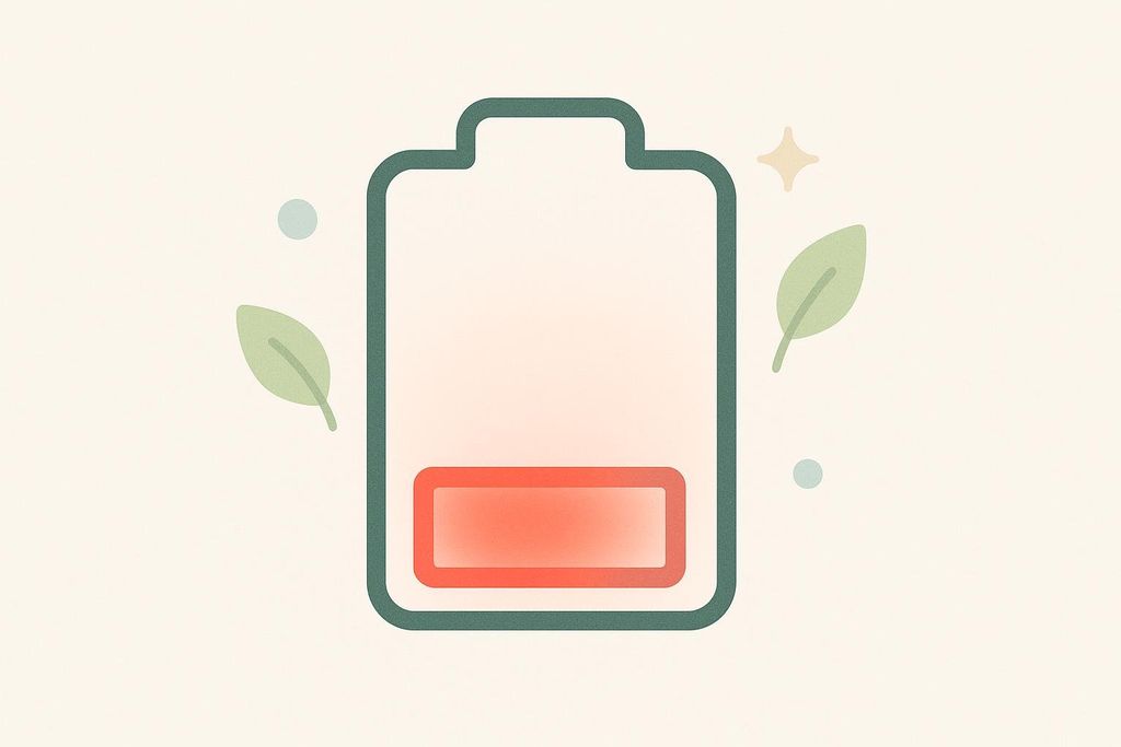 A stylized illustration of a nearly empty battery, with a low red charge indicator at the bottom. Two green leaves and small dots float around the battery, with a sparkling star shape in the top right, all on a light background. This image symbolizes fatigue and energy depletion.