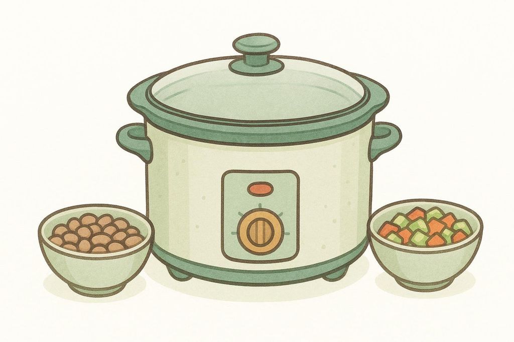 An illustration of a light green and white slow cooker, centered. To its left is a bowl of brown beans, and to its right is a bowl of diced carrots and celery.