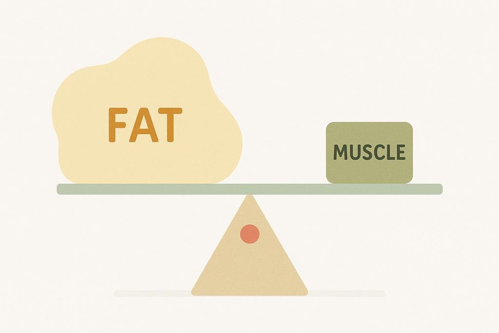 An illustration depicting a balance scale with a large, puffy cloud shape labeled 'FAT' on the left, and a smaller, compact rectangular shape labeled 'MUSCLE' on the right. Both sides are balanced, emphasizing that while they weigh the same, fat occupies significantly more volume than muscle.