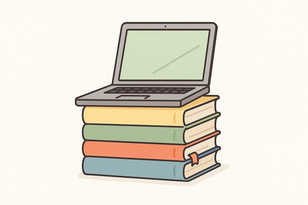 An illustration of a gray laptop resting on top of a stack of four colorful books. The books are yellow, green, orange, and blue from top to bottom.