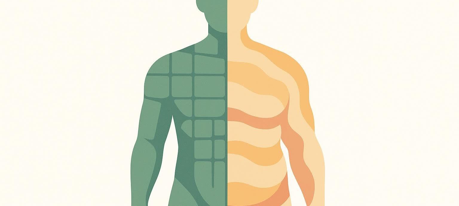 An abstract illustration of a human torso split vertically down the middle. The left side, representing muscle, is green with visible abdominal muscle definition. The right side, representing fat, is orange with wavy, layered lines indicating soft tissue.