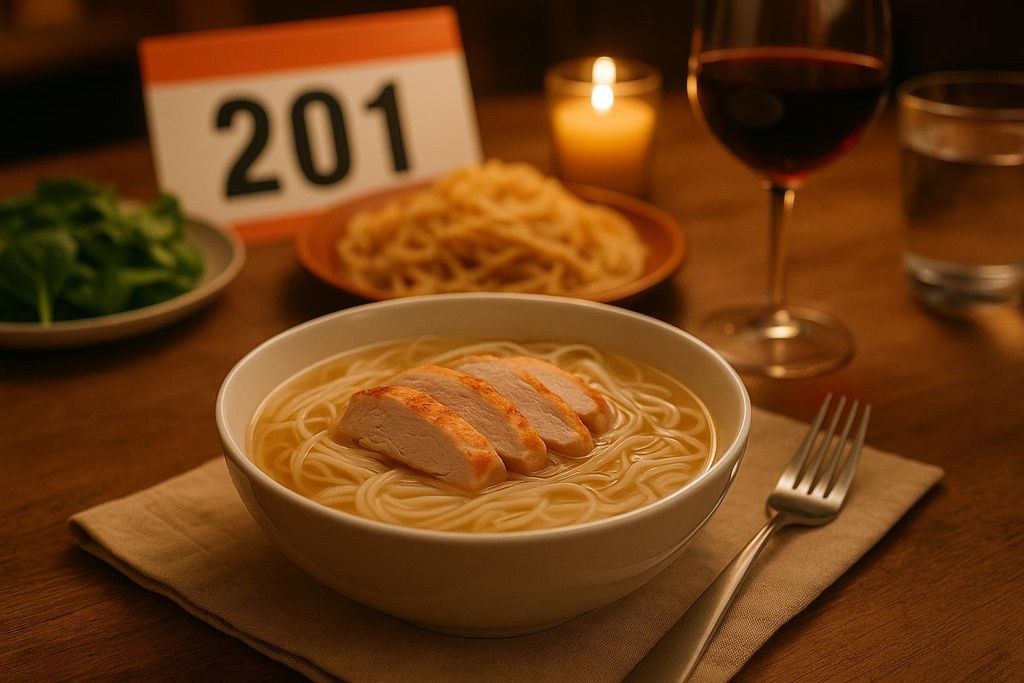 A simple pre-race dinner features rice noodles in broth with sliced lean chicken breast in the foreground. A blurred race bib with '201' is visible in the background, along with a plate of plain noodles, green vegetables, a glass of red wine, a glass of water, and a lit candle.