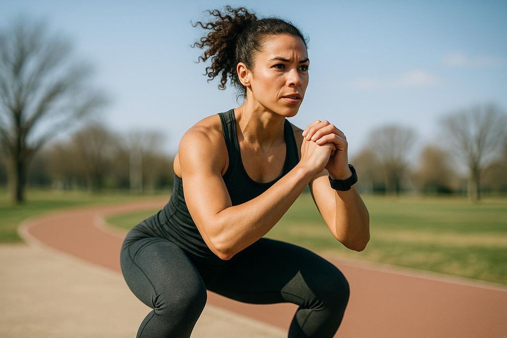A female runner with curly hair, wearing a black tank top and leggings, performs a body-weight squat as part of a dynamic warm-up routine on an outdoor track. She has a focused expression.