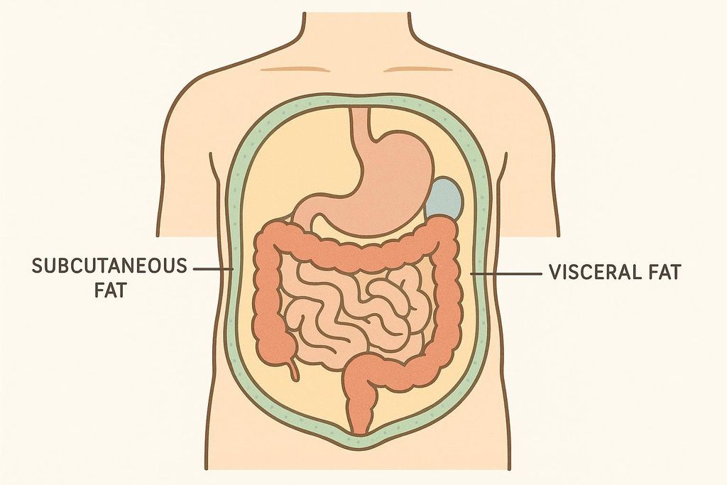 An anatomical diagram illustrating the difference between visceral fat, which surrounds internal organs like the stomach and intestines, and subcutaneous fat, which is located just beneath the skin.