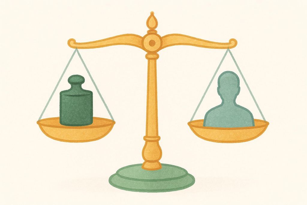 An illustration of a golden balance scale. On the left pan sits a green weight, and on the right pan sits a teal silhouette of a person, symbolizing peer comparison for Z-scores.