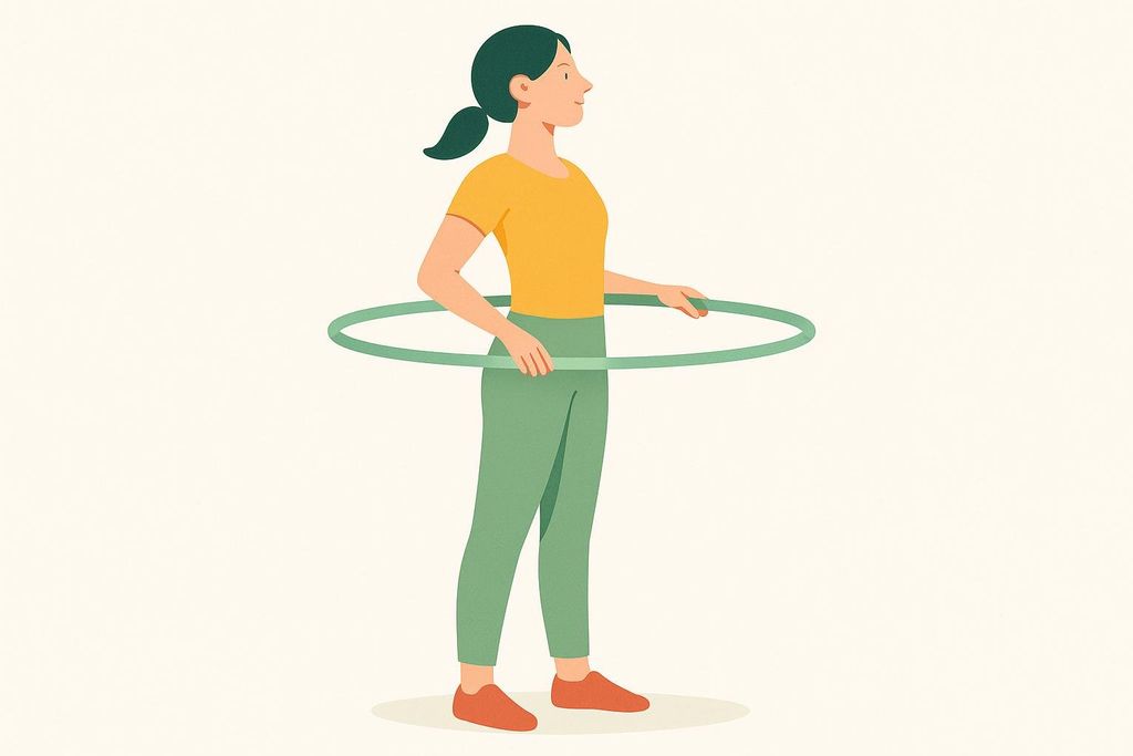 An illustration of a woman demonstrating proper posture for using a weighted hula hoop, standing with the hoop around her waist, hands resting on it.