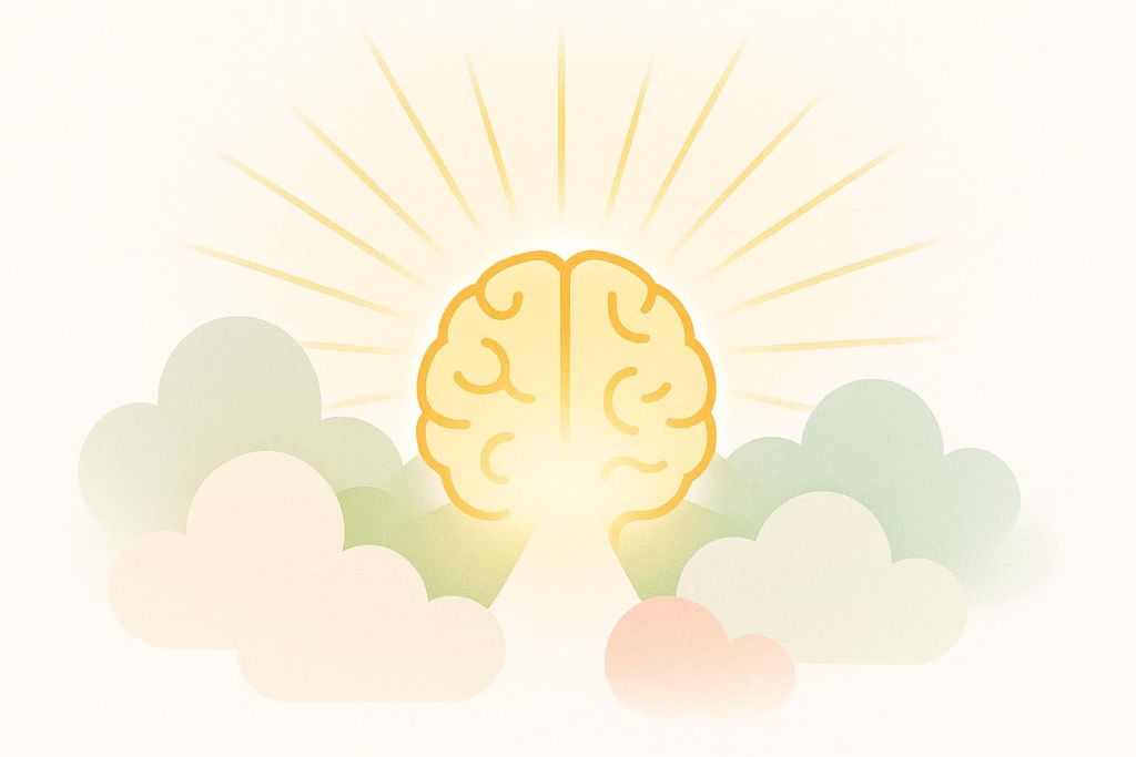 An abstract illustration of a brain clearing away clouds to reveal sunshine.
