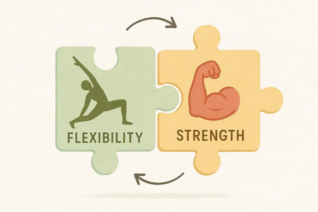 An abstract illustration of two puzzle pieces interlocking, one green labeled 'FLEXIBILITY' with a person in a yoga pose, and the other yellow labeled 'STRENGTH' with a bicep icon. Arrows indicate a cyclical relationship between the two.
