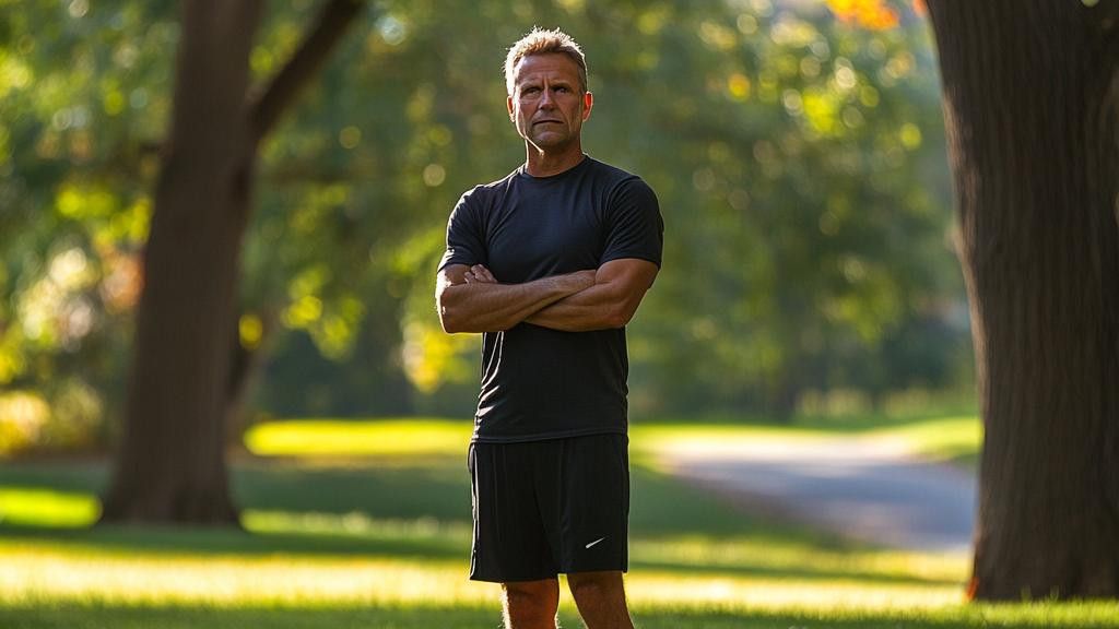 A man in a black shirt and shorts stands in a park with his arms crossed.