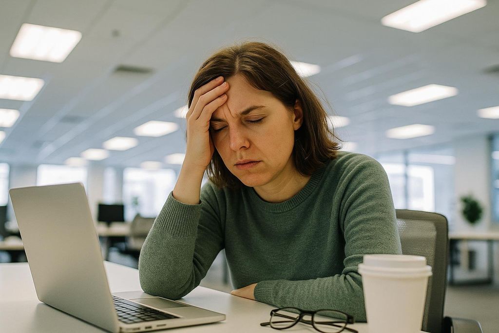 A woman at an office desk holding her head, looking tired and stressed, with a laptop, glasses, and a coffee cup in front of her.