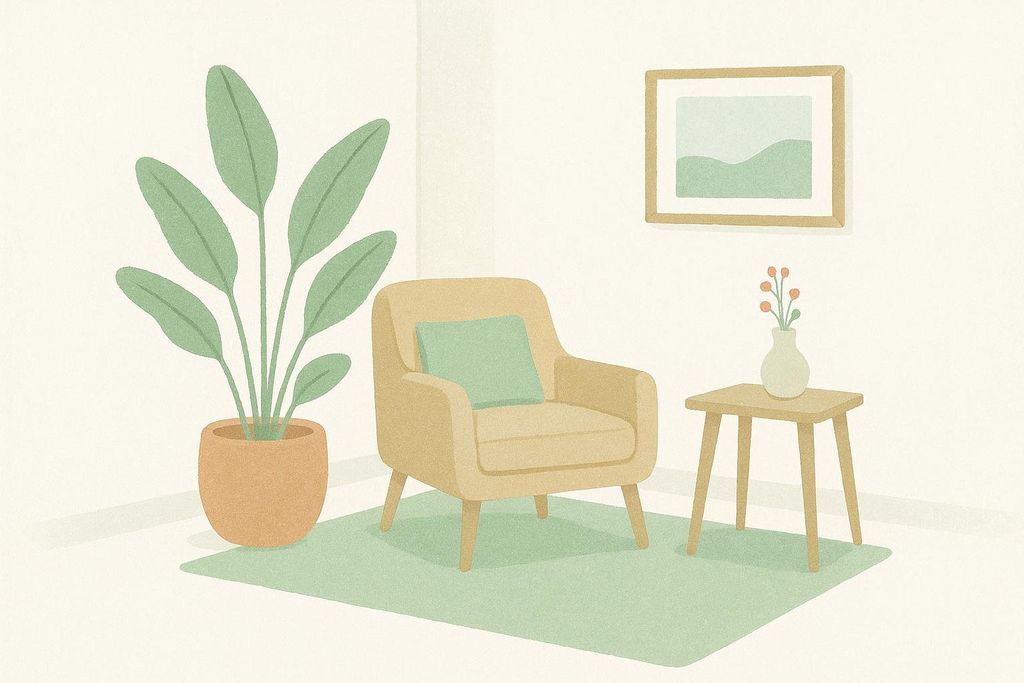 An illustration of a serene room with a potted plant, an armchair with a green cushion, a small side table holding a vase with flowers, and a framed picture on the wall, all in calming natural tones. The room is designed for a sense of peace and wellness.