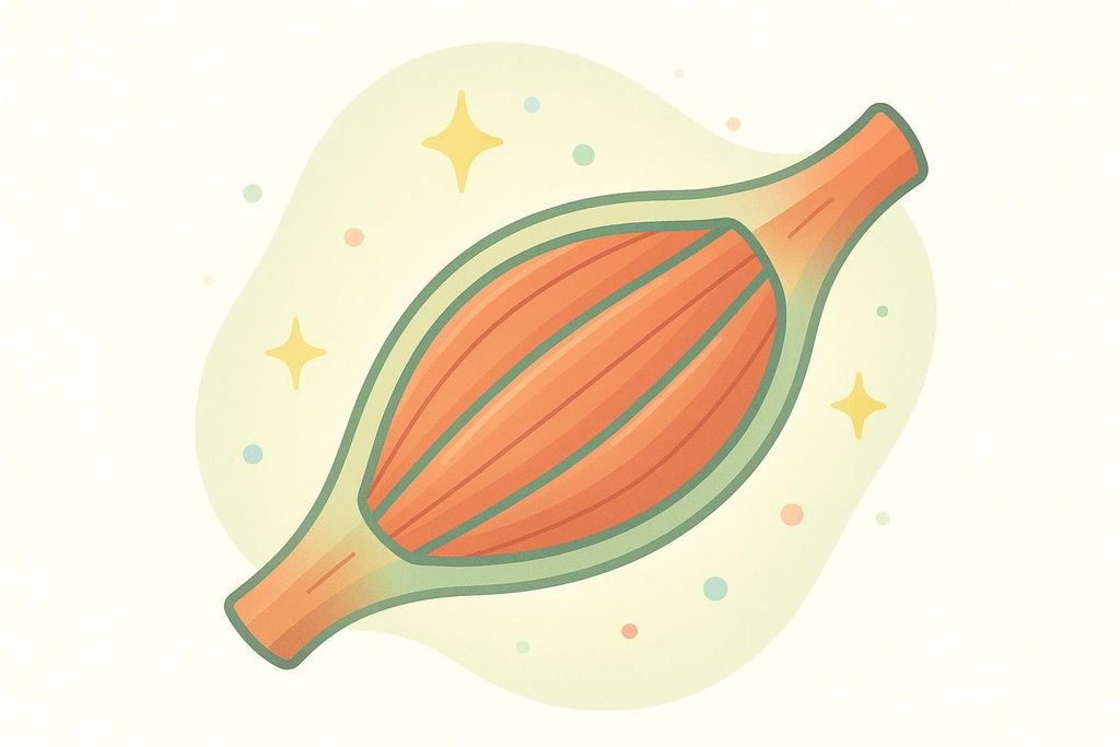 An abstract illustration of a healthy muscle fiber bundle, depicted in shades of orange and green, with subtle background elements like sparkles and dots suggesting vitality or repair.