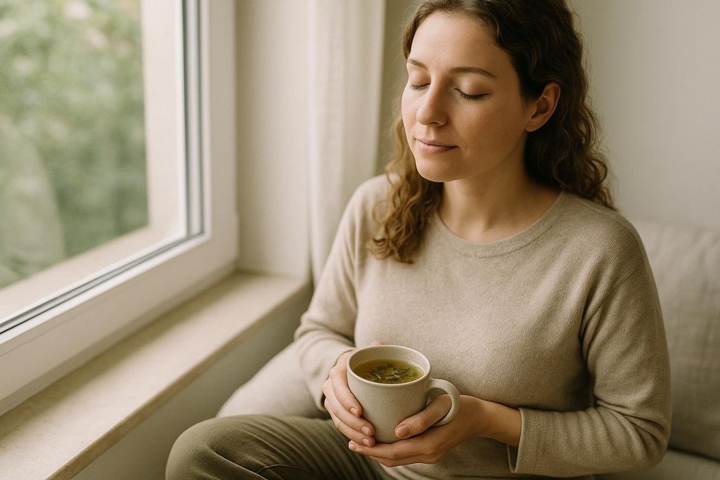A woman with curly brown hair, wearing a beige sweater, sits by a window with her eyes closed, holding a warm mug of green tea. The sunlight streams in from the window, and there are faint green trees visible outside.