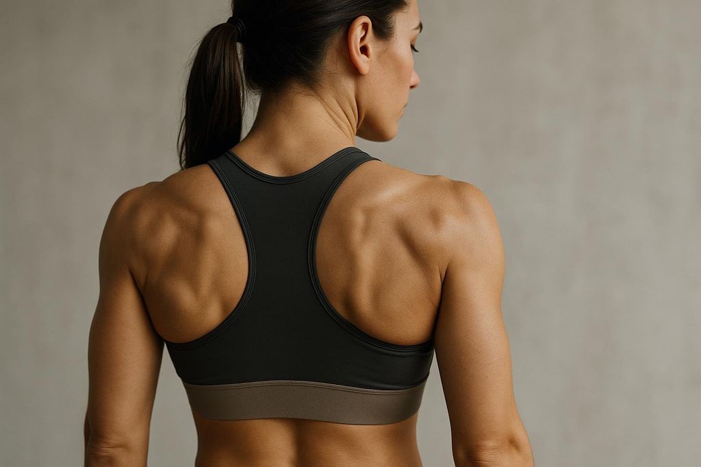 A close-up, rear view of a fit woman wearing a dark sports bra, showcasing her well-defined upper back and shoulder muscles. Her hair is tied back in a ponytail.