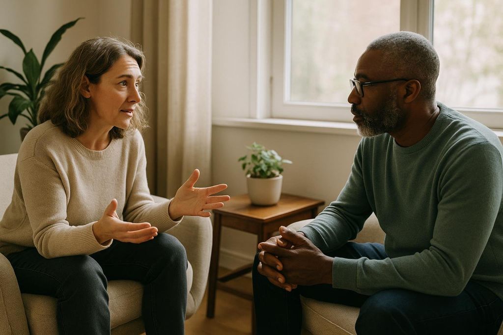 Two people engaged in supportive counseling.