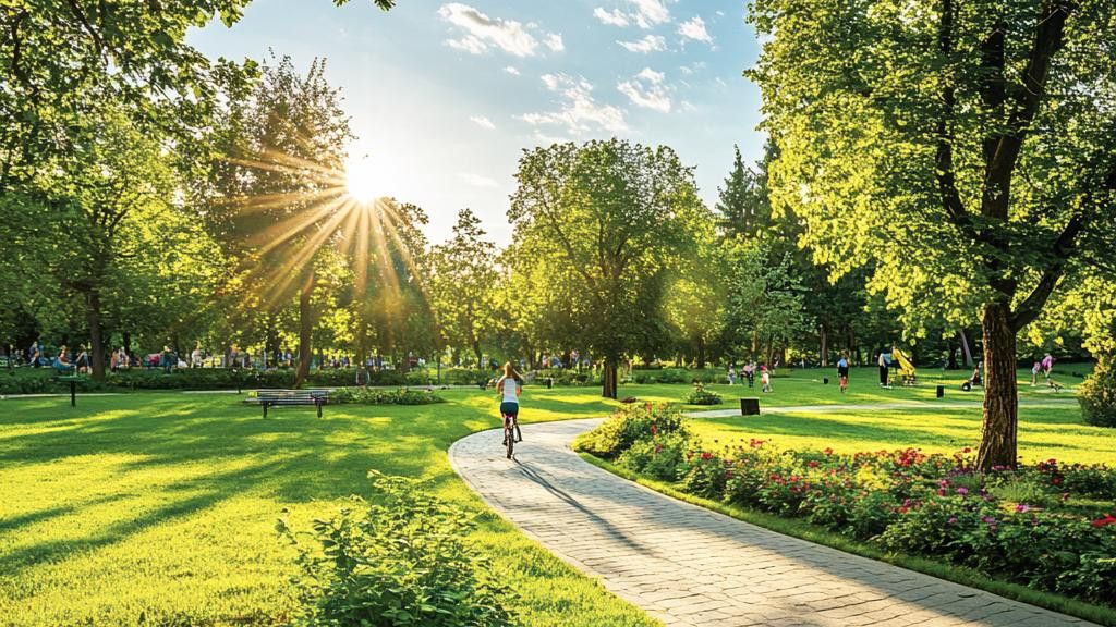 A person bikes along a curving path through a sunny park. The sun shines through the trees, casting long shadows. People are enjoying the park in the background.