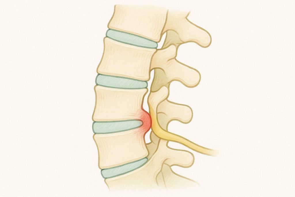 Illustration of a herniated disc in the spine pressing on a nerve root, indicated by a red inflamed area, impacting the spinal column and nerve pathways.