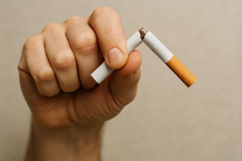 A hand shown from the fingers up, breaking a cigarette in half at the filter, symbolizing quitting smoking.