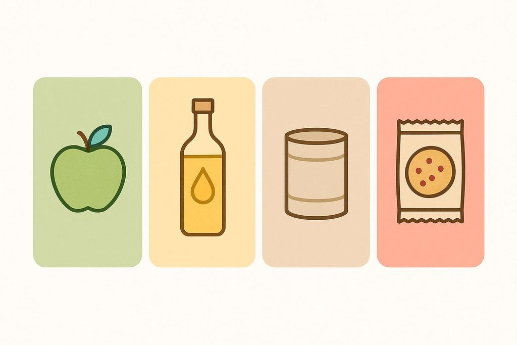 An infographic showing the four NOVA food groups represented by icons: an apple for unprocessed, a bottle of oil for culinary ingredients, a can for processed, and a cookie in a wrapper for ultra-processed.