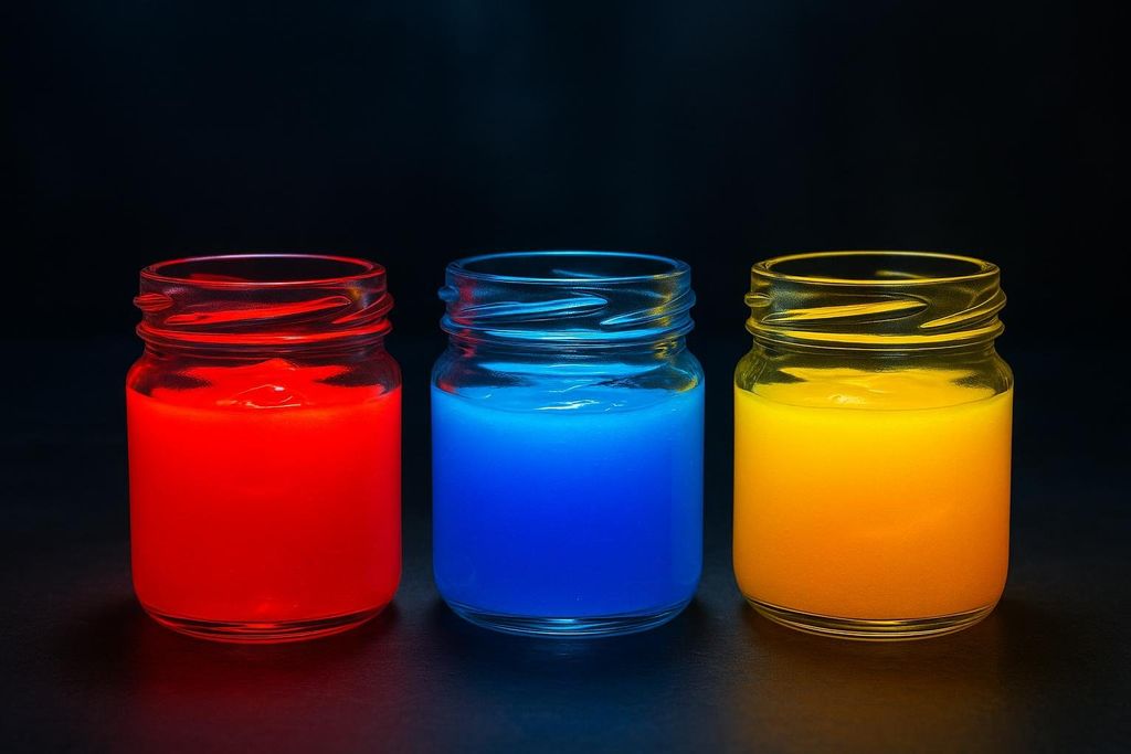 Three small glass jars filled with vibrant red, blue, and yellow gel. The jars of primary colors are arranged in a row against a dark background, each brightly illuminated.