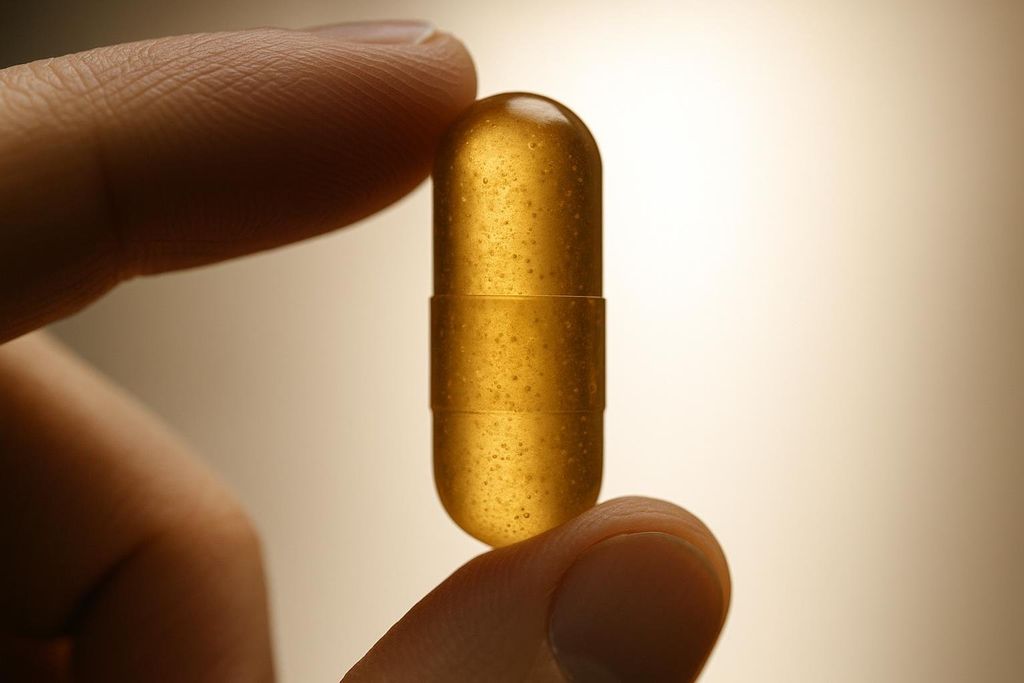 A close-up shot of a hand holding a translucent, golden-brown supplement capsule. The capsule is held up against a bright, light-colored background, revealing small particulates inside.