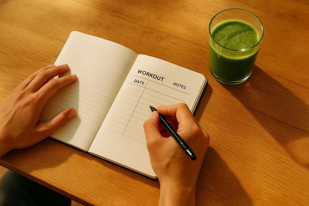 A close-up of hands writing in a workout journal with a pen, next to a glass of green a smoothie on a wooden desk.