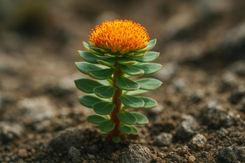 A close-up of a Golden Root plant (Rhodiola Rosea) with bright green leaves and a vibrant orange flower, standing upright in dry, rocky soil.