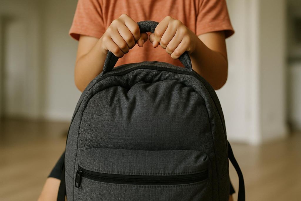 A close-up of a child's hands gripping the top handle of a grey backpack, which appears to be full and heavy. The child is wearing an orange t-shirt.