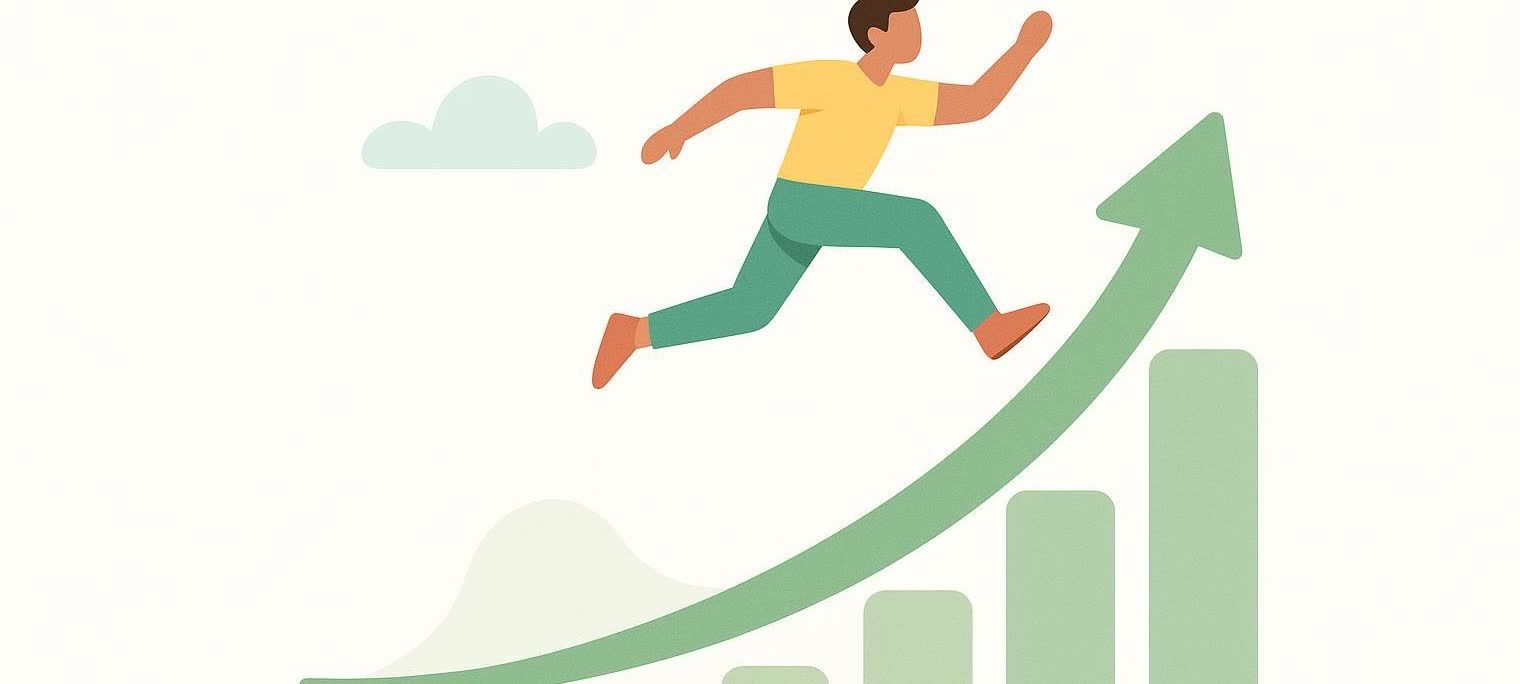 An illustration showing a man running upwards along a green arrow, which is superimposed over a bar chart suggesting growth and progress. A light blue cloud is in the upper left corner.